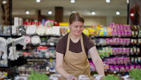 Glückliches-Mädchen-In-Einem-Braunen-T-Shirt-Und-Einer-Schürze,-Supermarktangestellte,-Die-Zu-Beginn-Des-Arbeitstages-Waren-Auf-Der-Theke-Auslegt