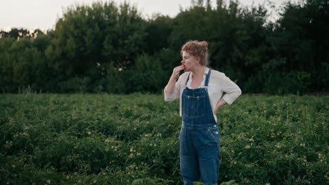 Happy-girl-Farmer-in-denim-overalls-stands-among-plants-and-eats-ripe-tomato-from-field-on-farm