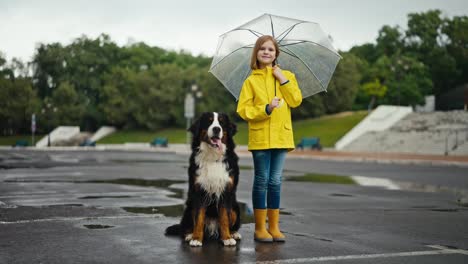 Porträt-Eines-Glücklichen-Blonden-Teenager-Mädchens-In-Einer-Gelben-Jacke,-Das-Einen-Regenschirm-In-Den-Händen-Hält-Und-Bei-Einem-Spaziergang-Nach-Dem-Regen-Im-Park-Neben-Ihrem-Großen-Reinrassigen-Schwarz-weißen-Hund-Steht