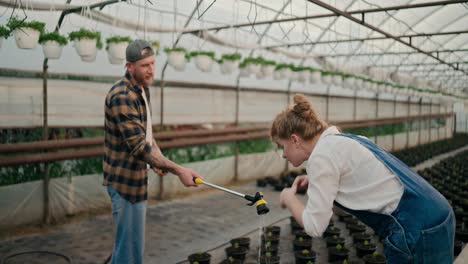 Confident-guy-in-a-cap-in-a-plaid-shirt-holds-a-watering-can-to-help-a-girl-wash-her-hands-after-a-hard-day-on-a-farm-in-a-greenhouse