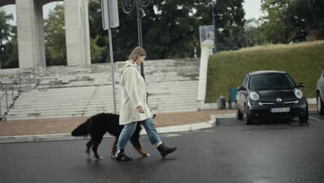 Happy-blonde-woman-in-a-white-jacket-walks-through-the-park-with-her-big-dog-after-the-rain