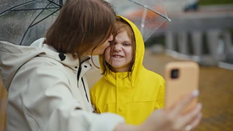 Happy-blonde-woman-in-a-white-jacket-takes-a-selfie-with-her-teenage-daughter-in-a-yellow-jacket-who-grimaces-and-poses-with-an-umbrella-after-the-rain-in-the-park-during-a-walk