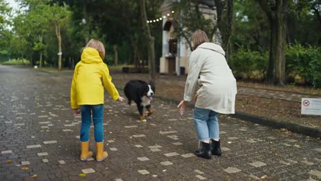 Vista-Trasera-De-Una-Mujer-Rubia-Feliz-Acariciando-A-Un-Perro-Con-Su-Hija-Con-Una-Chaqueta-Amarilla-En-Un-Callejón-Del-Parque