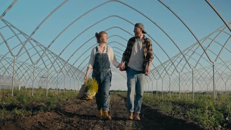 Happy-couple-of-farmers,-a-girl-with-red-hair-and-her-boyfriend-in-a-plaid-shirt-are-walking-along-an-earthen-path-along-a-farm-with-plants-and-a-field