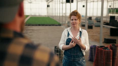 Over-the-shoulder-a-confident-girl.-A-farmer-with-red-hair-talks-with-a-guy-in-a-checkered-shirt-about-working-in-a-greenhouse-on-a-farm