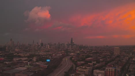 Aerial-view-of-I90-expressway-at-sunset-looking-south