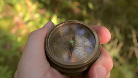 Traveler-hand-holds-a-old-directional-compass-in-summer-forest.-Person-use-compass-to-find-location.-Travel-concept-close-up.