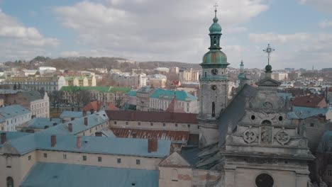 Aerial-City-Lviv,-Ukraine.-European-City.-Popular-areas-of-the-city.-Church