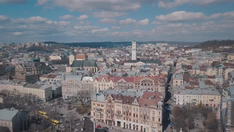 Aerial-City-Lviv,-Ukraine.-European-City.-Popular-areas-of-the-city.-Rooftops