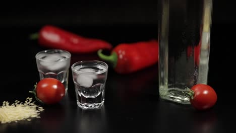 Semillas-De-Sésamo-Escasas-En-Dos-Tazas-De-Vodka-Cerca-De-La-Botella-Con-Vodka