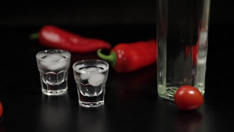 Enrolle-El-Tomate-Cherry-Hasta-Dos-Tazas-De-Vodka.-Fondo-Negro