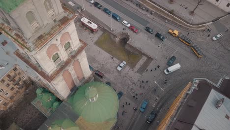 Aerial-City-Lviv,-Ukraine.-European-City.-Tourist-tram-rides-down-city-center