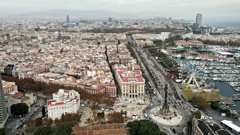 Drone-flight-over-the-city-of-Barcelona,-Spain