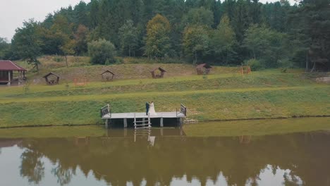 Groom-with-bride-near-lake-in-the-park.-Wedding-couple.-Aerial-shot