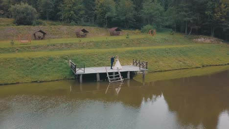 Groom-with-bride-near-lake-in-the-park.-Wedding-couple.-Aerial-shot