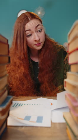 Exhausted-business-woman-looking-at-documents-reports-stacks-of-books-while-working-hard-at-office