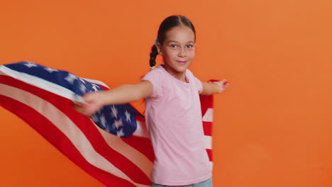 Child-girl-kid-waving-American-USA-flag,-celebrating-human-rights-and-freedoms-president-election