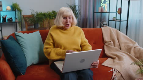 Mujer-Mayor-De-Edad-Mirando-La-Cámara-De-Una-Computadora-Portátil,-Haciendo-Una-Videoconferencia-Con-Amigos-Y-Familiares