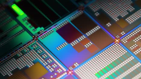 Primer-Plano-De-Oblea-Semiconductora-De-Silicio.-En-Electrónica,-Una-Oblea,-También-Llamada-Rebanada-O-Sustrato,-Es-Una-Rebanada-Delgada-De-Semiconductor,-Un-Silicio-Cristalino,-Que-Se-Utiliza-Para-La-Fabricación-De-Circuitos-Integrados.