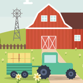 An-animation-of-a-Barn-background-with-tractor-in-flat-design