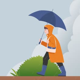 Eine-Animation-Einer-Flachen-Monsunzeit-Illustration-Mit-Einer-Frau,-Die-Mit-Einem-Regenschirm-Im-Regen-Läuft