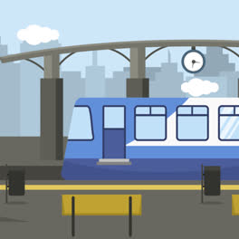 Eine-Animation-Einer-Zugszene-Am-Bahnhof-Im-Flat-Design