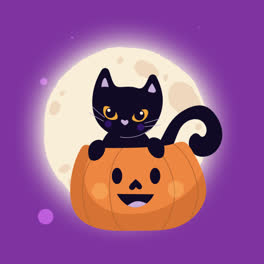 Eine-Animation-Einer-Handgezeichneten-Flachen-Halloween-Sammlung-Schwarzer-Katzen