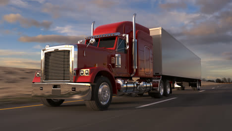 Animation-of-riding-the-18-wheel-delivery-red-truck-with-trailer.-The-heavy-monster-of-every-pathway.-High-distances-beautiful-cargo-transporter.-Inspiring-sunsetting-cloudy-background.-Loopable.-HD