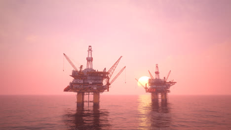 Two-offshore-drilling-platforms-or-oil-rigs-extracting,-processing-crude-oil-on-the-open-sea-or-ocean.-Setting-sun-in-the-background.-Illustration-for-the-power-industry,-petroleum-engineering.--4k-HD