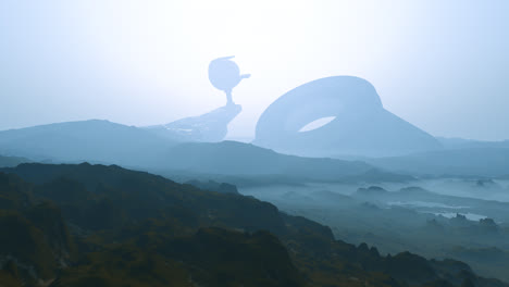 Camera-flying-slowly-towards-alien-aircraft-in-extraterrestrial-fantasy-science-fiction-foggy-landscape.-Futuristic-mood-with-mother-ship-in-the-center.-Visitors-or-invaders-from-other-planet.-Warm.