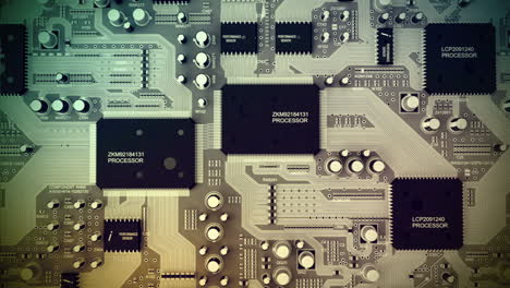 Loopable-fly-over-motherboard-with-multiple-circuits-and-electronic-hardware,-semiconductors,-transistors,-microchips,-Includes-processor-and-illustrates-technology,-hardware-and-computer-components.