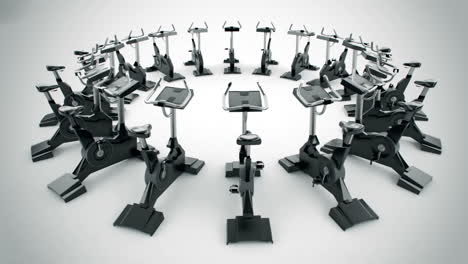 Animation-of-modern-gym-equipment-stationary-bikes-standing-in-a-circle.-Indoor-cycling-activity-machines-helping-to-stay-fitness-even-if-the-weather-outside-is-not-good-for-a-ride.-Loopable.-HD