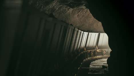 Close-up,-loopable-footage-of-mine-wagons-transporting-coal-in-dense-smoke-lit-by-bright-light.-Old-mine-wagons-full-of-coal-moving-slowly-through-the-narrow-passage.-Concept-of-hard-work.-4k.