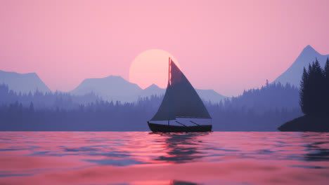 Sunset-time-lapse-of-a-sail-boat-floating-in-a-calm-lake.-Tranquil-and-peaceful-scene-with-a-lake,-mountains,-and-dense-forest.-Climatic-landscape-with-a-pink-sky-and-big-setting-sun.-4k.