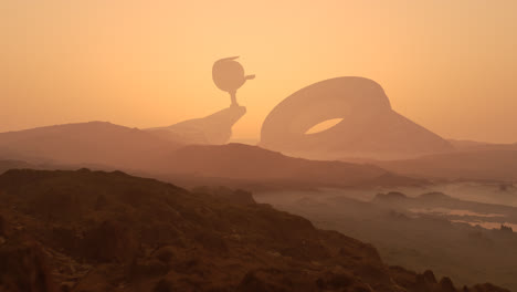 Camera-flying-slowly-towards-alien-aircraft-in-extraterrestrial-fantasy-science-fiction-foggy-landscape.-Futuristic-mood-with-mother-ship-in-the-center.-Visitors-or-invaders-from-other-planet.-Warm.