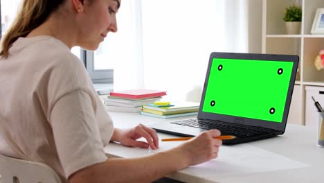 Student-Woman-with-Laptop-Drawing-at-Home.education,-online-school-and-distant-learning-concept--student-woman-with-green-screen-on-laptop-computer-drawing-at-home