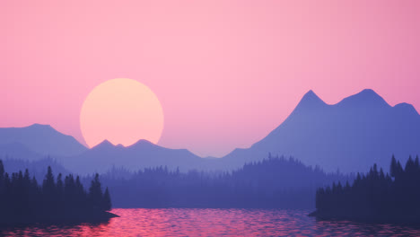 Lake-surrounded-by-pine-forest-in-the-mountains.--Beautiful,-romantic-landscape-of-bright-pink-sky-and-big-setting-sun-above-the-bay.-Cartoon-style,-journey,-climatic,-peaceful-nature.-4k.