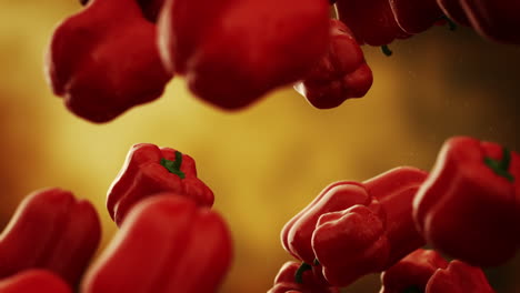 Clean-red-bell-peppers-with-water-droplets-falling-down-in-front-of-the-blurry-background.-Slow-motion-computer-generated-imagery-presenting-realistic-looking-vegetables-in-the-air.-Loopable.-HD