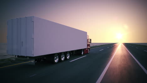 Animation-of-a-truck-on-the-road-with-the-clear-sunsetting-sky-background.-A-large-delivery-truck-is-moving-forward.-Cargo-delivery.-Lorry-with-a-huge-capacity-trailer.-Overall-side-view.-HD