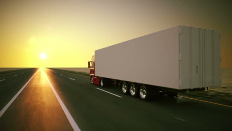 Animation-of-a-truck-on-the-road-with-the-clear-sunsetting-sky-background.-A-large-delivery-truck-is-moving-forward.-Cargo-delivery.-Lorry-with-a-huge-capacity-trailer.-Overall-side-view.-HD