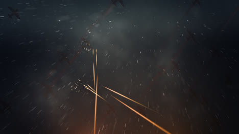 Squadron-of-planes-flying-overhead-with-fiery-trails-of-tracers,-flak-or-projectiles-streaking-up-towards-them-as-ammunition-fired-in-combat-or-during-a-gunnery-training-exercise.