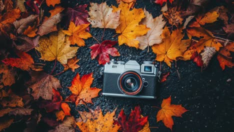 Vintage-Camera-Surrounded-by-Colorful-Autumn-Leaves-Outdoors