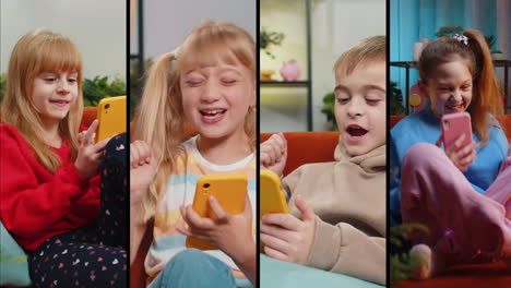 Collage-Aus-Glücklichen-Menschen,-Kinder,-Mädchen-Und-Jungen,-Die-Mobile-Smartphones-Nutzen,-Um-Gute-Nachrichten-Zu-Feiern-Und-Ein-Spiel-Zu-Spielen