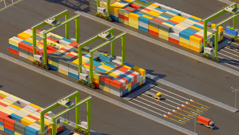 Animation-of-a-busy-maritime-container-harbor-terminal-with-many-cranes,-ships-and-cargo-boats.-Transportation-of-commercial-goods-through-sea.-Exporting-and-importing.