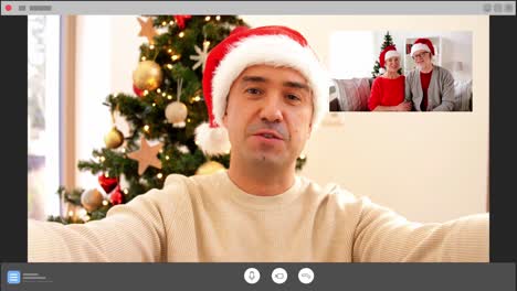 Hombre-Haciendo-Una-Videollamada-Con-Sus-Padres-En-Navidad.-Concepto-De-Navidad,-Tecnología-Y-Vacaciones.-Hombre-De-Mediana-Edad-Feliz-Haciendo-Una-Videollamada-Con-Sus-Padres-Mayores-En-Messenger.