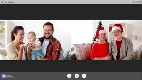 Familia-Haciendo-Una-Videollamada-Con-Sus-Padres-En-Navidad.-Concepto-De-Navidad,-Tecnología-Y-Vacaciones.-Familia-Feliz-Haciendo-Una-Videollamada-Con-Sus-Padres-Mayores-En-Messenger.