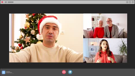 Mann-Führt-An-Weihnachten-Videoanruf-Mit-Familie.-Konzept-Weihnachten,-Technologie-Und-Feiertage.-Glücklicher-Mann-Mittleren-Alters-Führt-Videoanruf-Mit-Familie-Im-Messenger