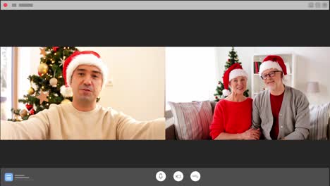 Hombre-Haciendo-Una-Videollamada-Con-Sus-Padres-En-Navidad.-Concepto-De-Navidad,-Tecnología-Y-Vacaciones.-Hombre-De-Mediana-Edad-Feliz-Haciendo-Una-Videollamada-Con-Sus-Padres-Mayores-En-Messenger.