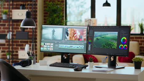 Empty-office-desk-with-a-video-editing-software-running-on-computer