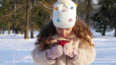 Niña-Con-Una-Taza-De-Té-Caliente-En-El-Parque-De-Invierno.-Concepto-De-Infancia,-Ocio-Y-Temporada:-Niña-Feliz-Con-Una-Taza-De-Té-Caliente-En-El-Parque-De-Invierno-Mientras-Cae-La-Nieve